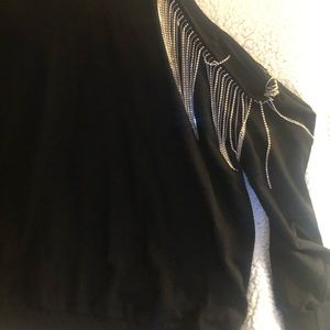 Black one open shoulder hoodie with bling string ornamental sleeve. Oversized.